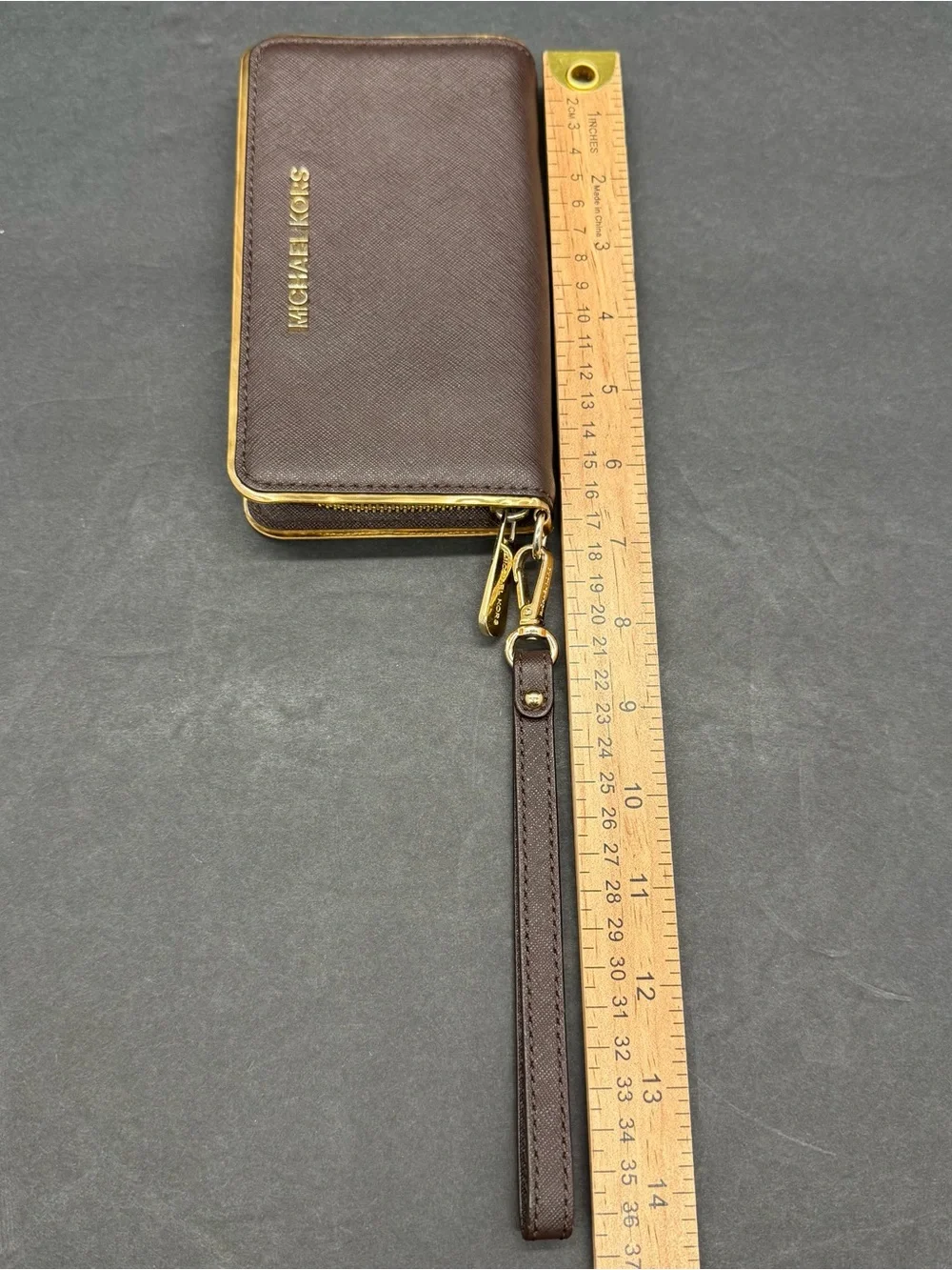 Michael Kors Chocolate Brown Saffiano Zip Wristlet with Gold Hardware
